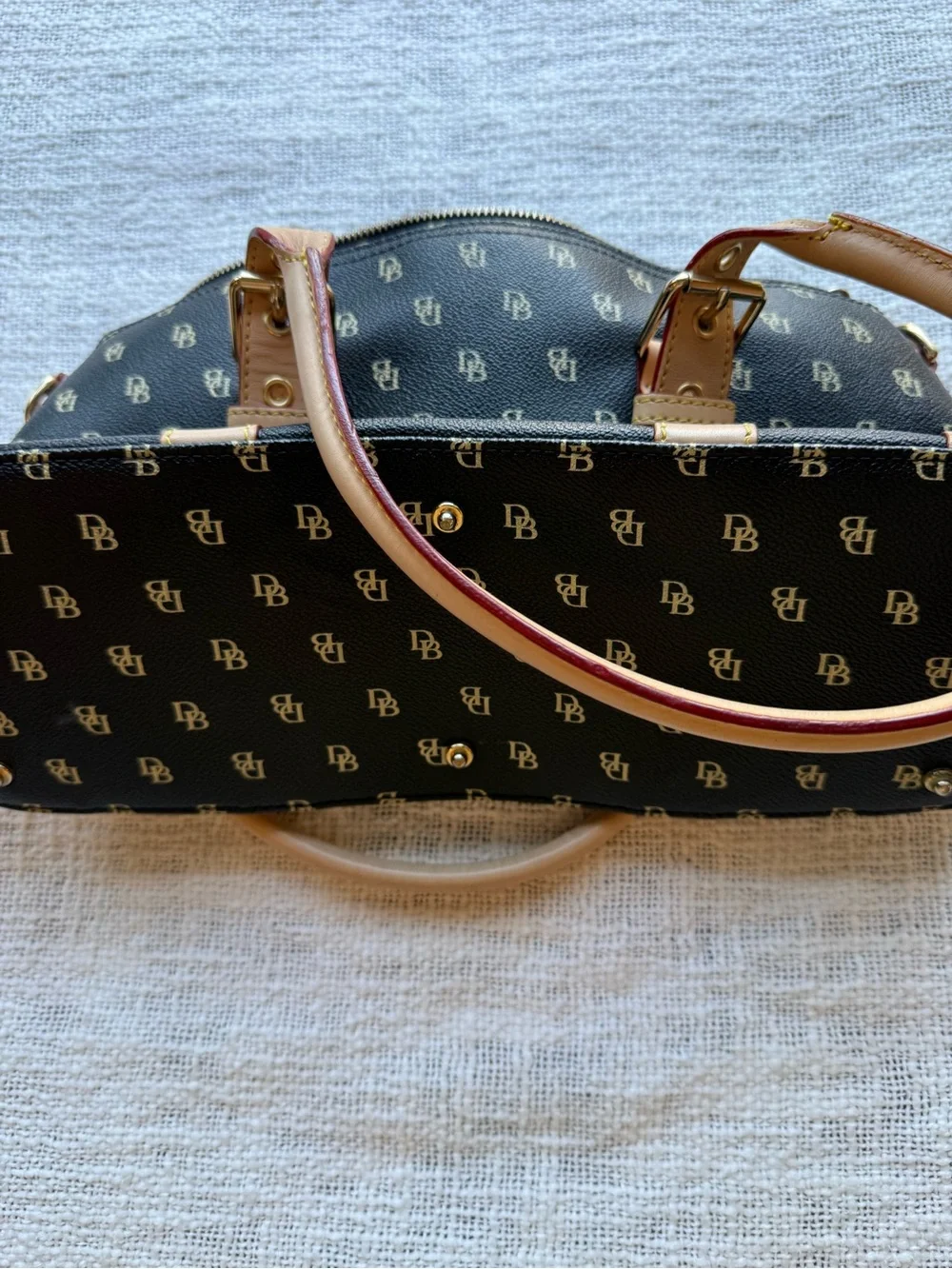 Dooney Bourke Black Multicolor DB Monogram Satchel Tan Leather Y2K